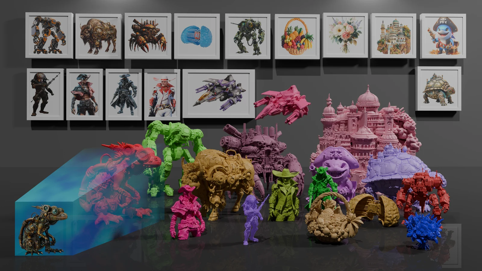 Références et géométries Pixal3D de personnages, créatures et bâtiments